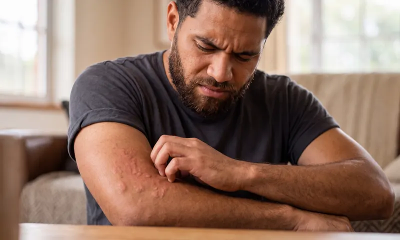 Man scratching an itchy red rash on his forearm
